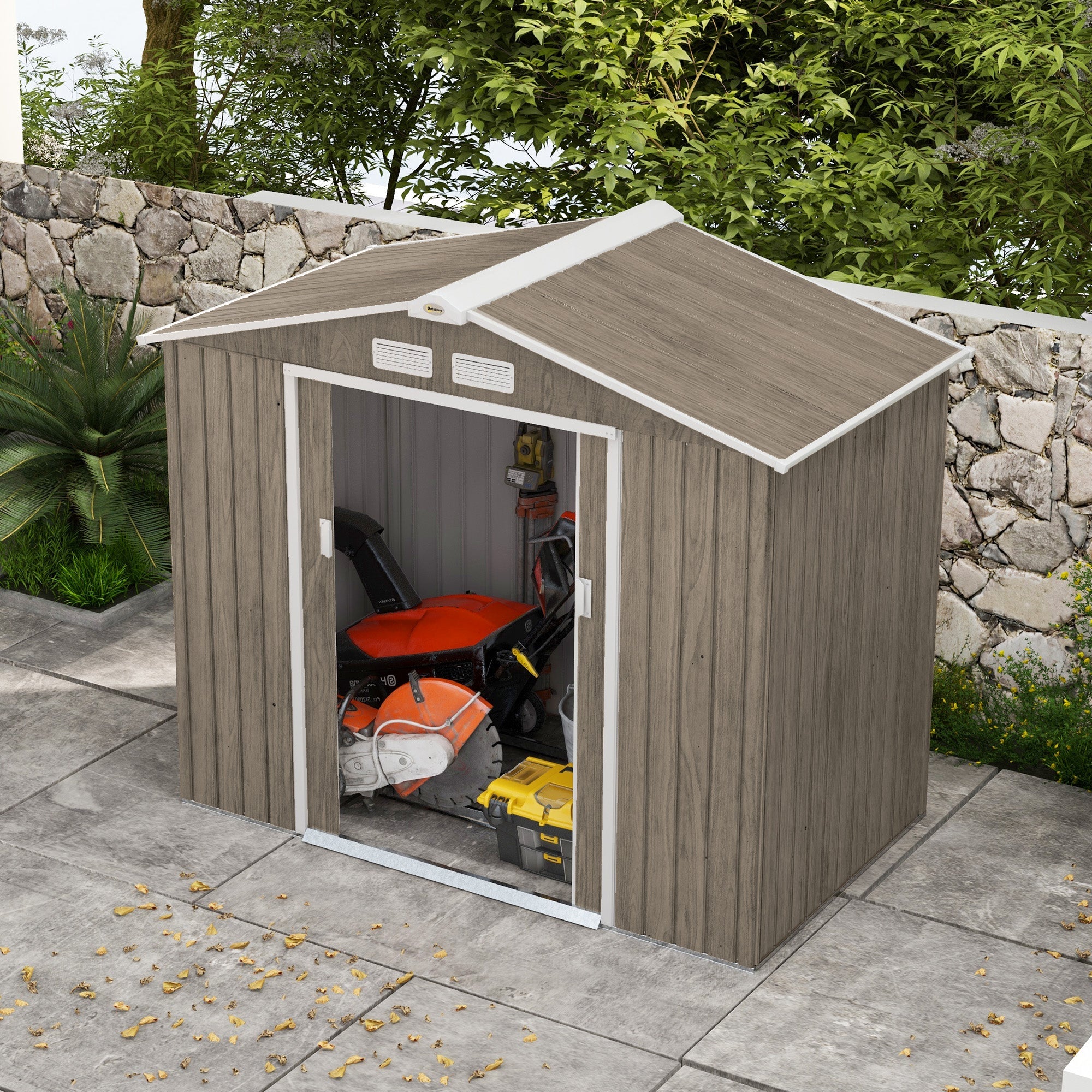 Metal Garden Storage Shed with Vents, Floor Foundation Kit, Lockable Double Doors, Light Brown