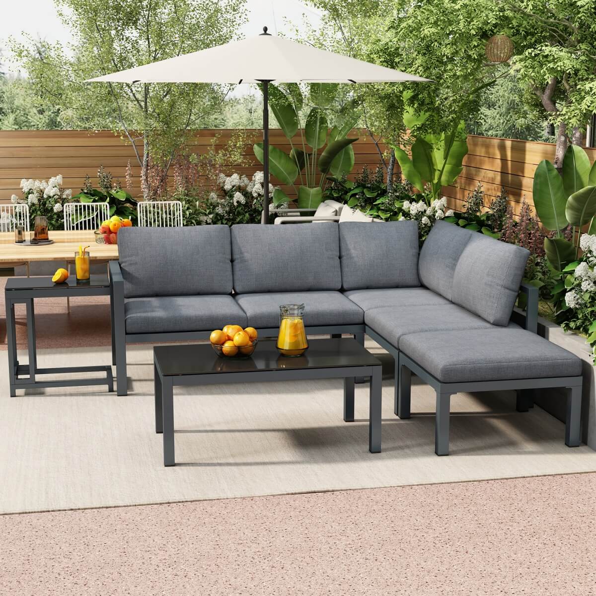 4 to 5 Seater Outdoor Garden Corner Sofa Set – All Weather Lounge Furniture with Coffee Table and Side Table