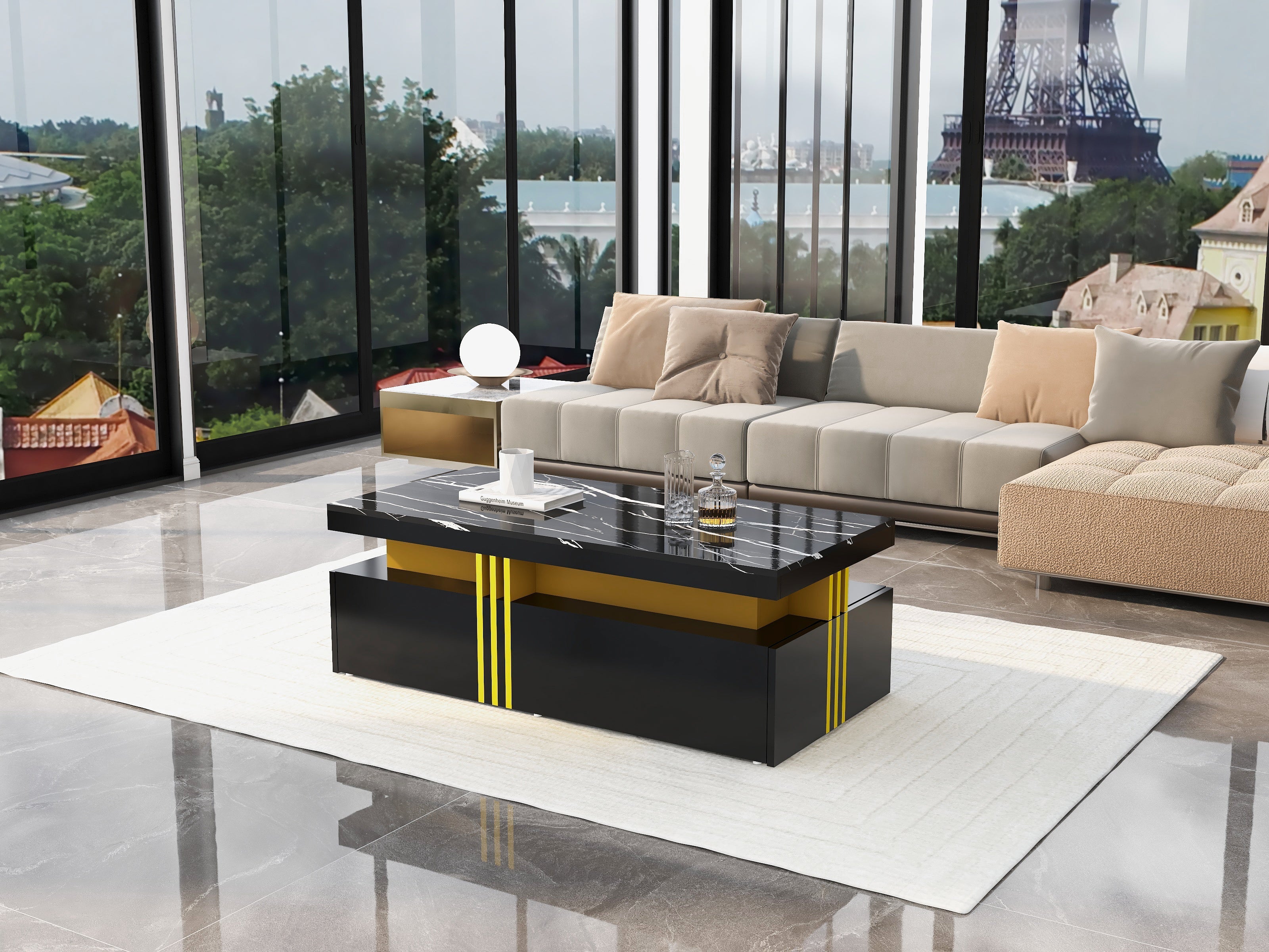 Modern Black Rectangular Coffee Table with Marble Pattern (Triamine Board) Top and 2 Wooden Drawers, Particle Board