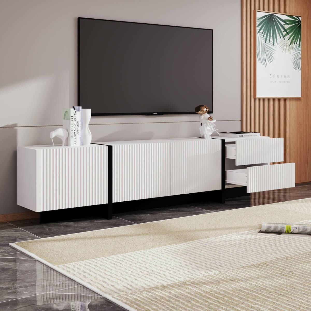 Modern Black and White TV Unit – 190cm TV Stand with 3 Doors and 2 Drawers