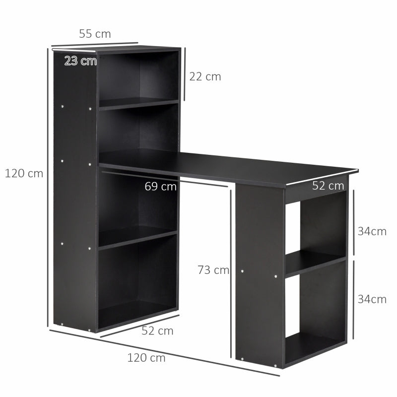 Computer Desk 120cm, PC Laptop Table with 6-Tier Storage Bookshelves, Black Wooden