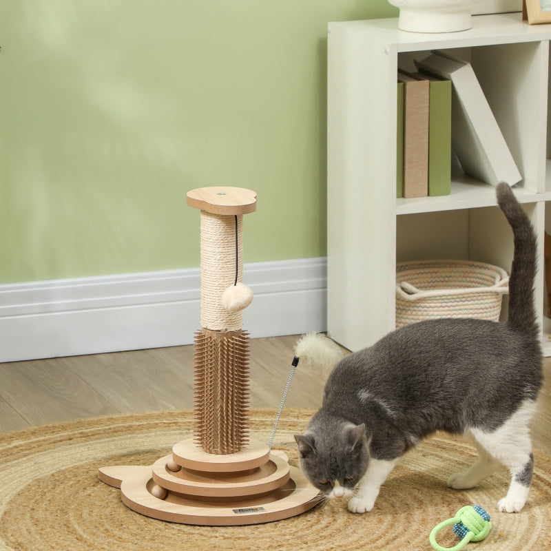 Cat Scratching Post, 49cm 5-in-1 Sisal Post, Track Ball, Self Grooming Brush, Hanging Toy Ball, Feather, Oak Tone