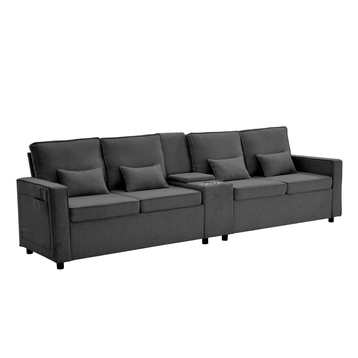 4-Seater Modern Sofa – Grey Linen, Storage Console, Cup Holders & USB/Type-C Charging