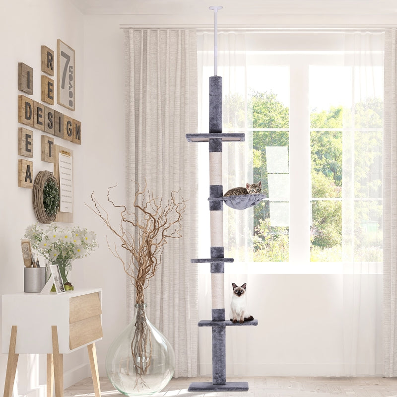 Floor to Ceiling Cat Tree - 5-Tier Kitty Tower Climbing Activity Center Scratching Post Adjustable Height - Grey