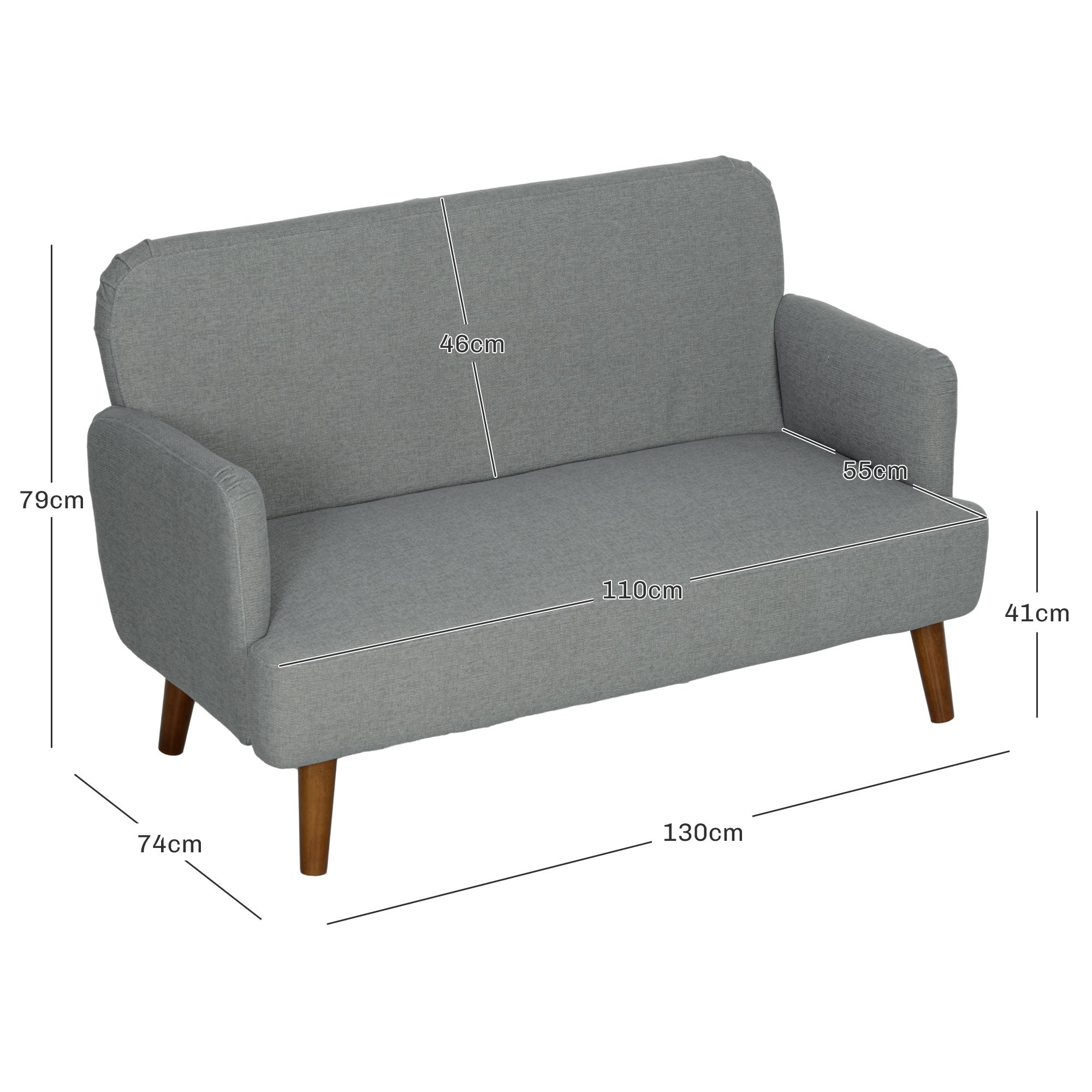 Velvet Feel Fabric 2 Seater Sofa with 21cm Thick Padding and Wood Legs, Grey