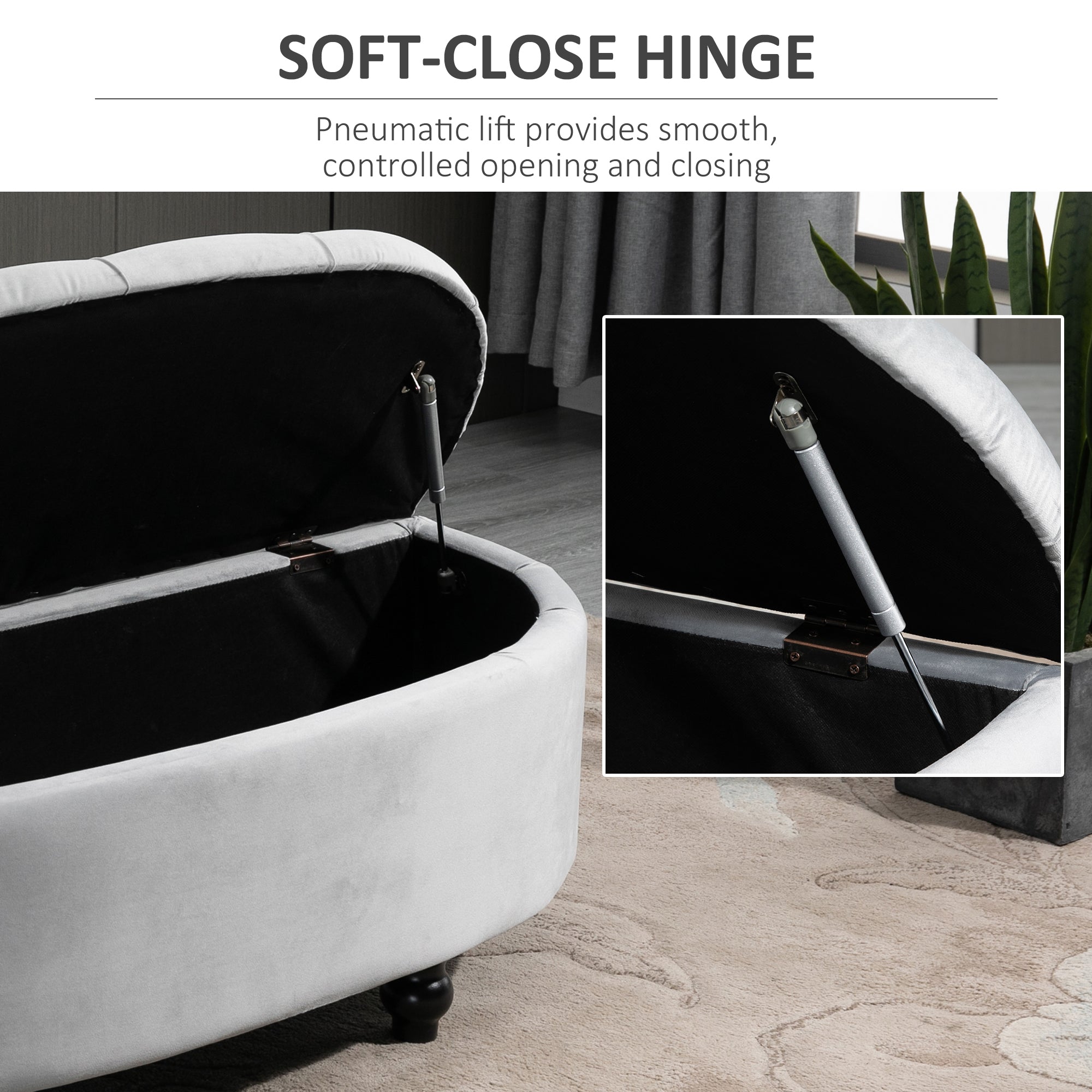 Semi-Circle Ottoman Storage Bench, Tufted Upholstered, Light Grey