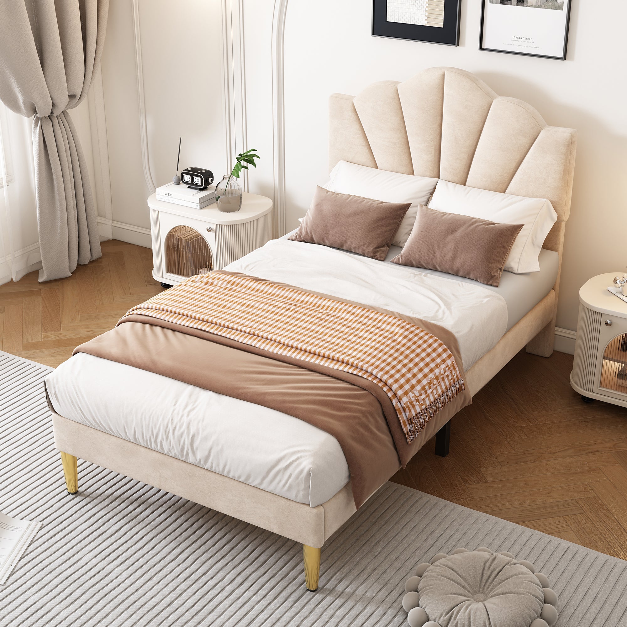 Velvet Upholstered Single Bed, 3ft Shell-Like with Golden Iron Legs and Wooden Slatted Frame, Beige