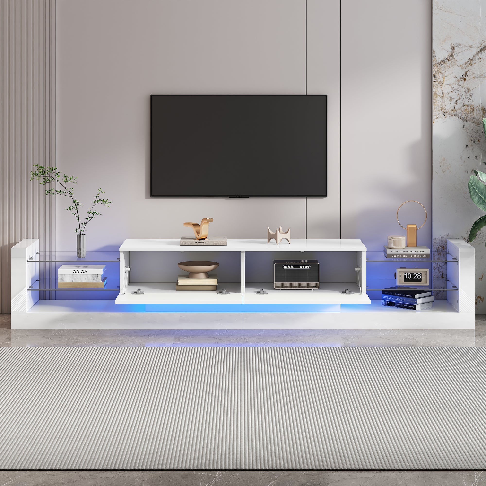 Open Glass Storage TV Stand, LED Lights High Gloss, White