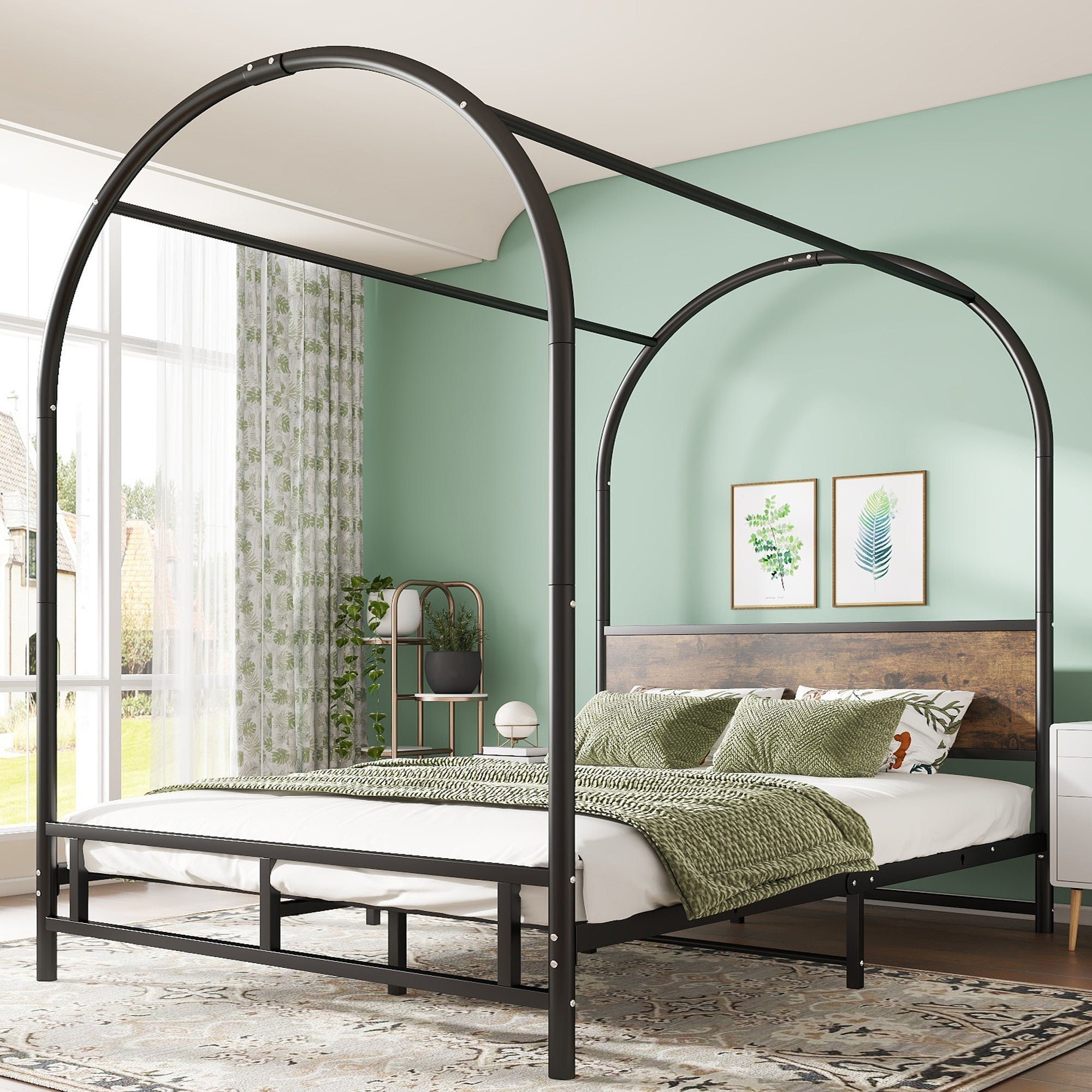 Metal Bed, Durable & Sturdy Canopy Twin Bed, Black+Wood Color, Iron Material