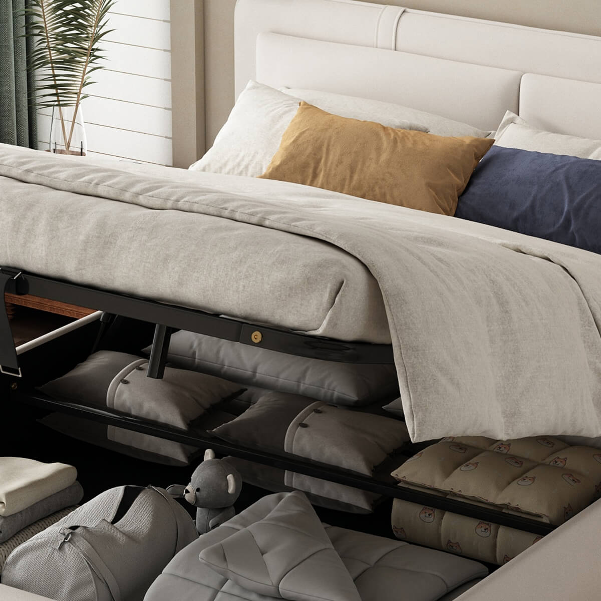 4ft6 Double Upholstered Storage Bed – Hydraulic Lift, Velvet Bed Frame with Removable Headboard, Beige