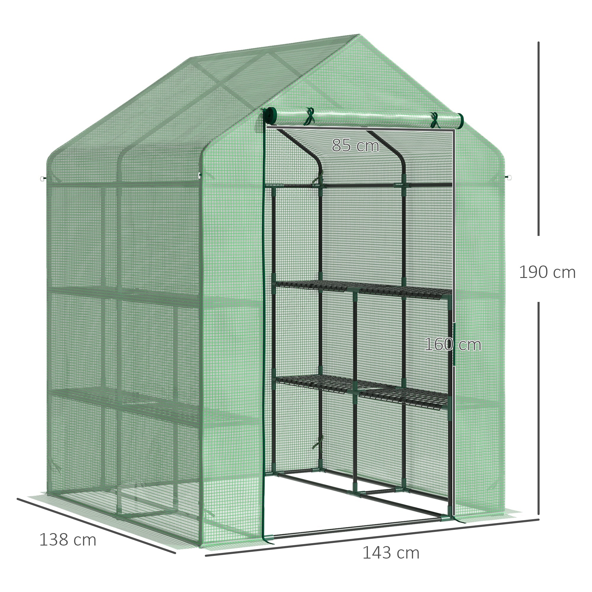 Walk in Greenhouse with Shelves, Steeple, Removable Cover, Green