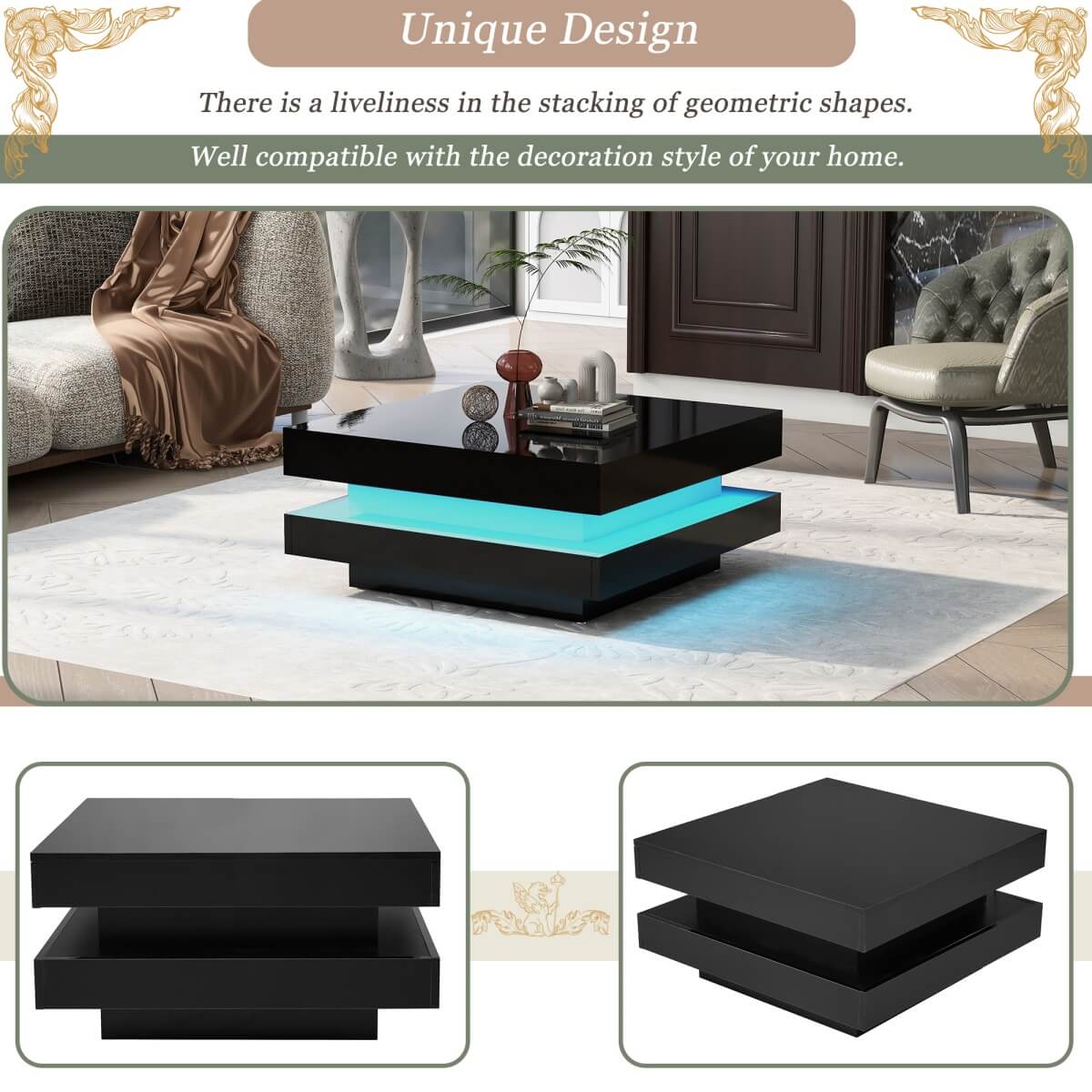 Black High Gloss Coffee Table with 360° Rotating Top & LED