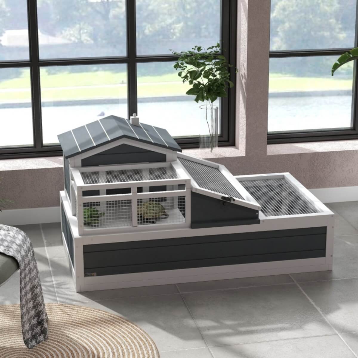 Deluxe 2-Storey Tortoise House ¨C 3-Room Habitat with Ladder, Balcony & Easy-Access Roof, Grey