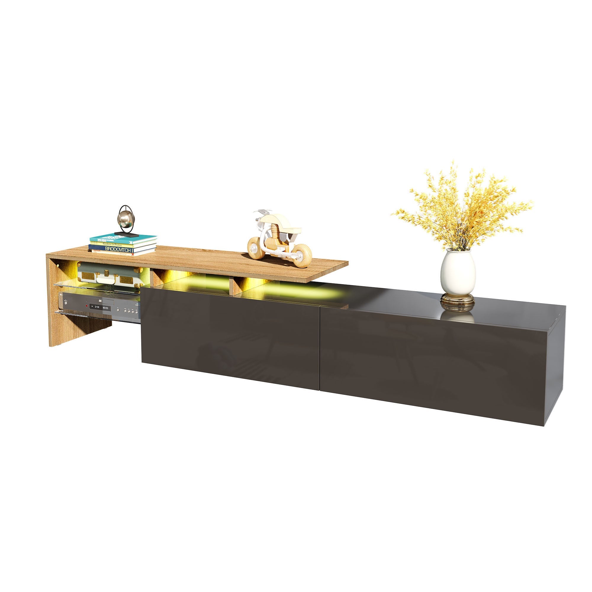 Modern TV Cabinet: Stylish, Elegant, Storage with Glass Shelves, LED Lighting, Black and Wood