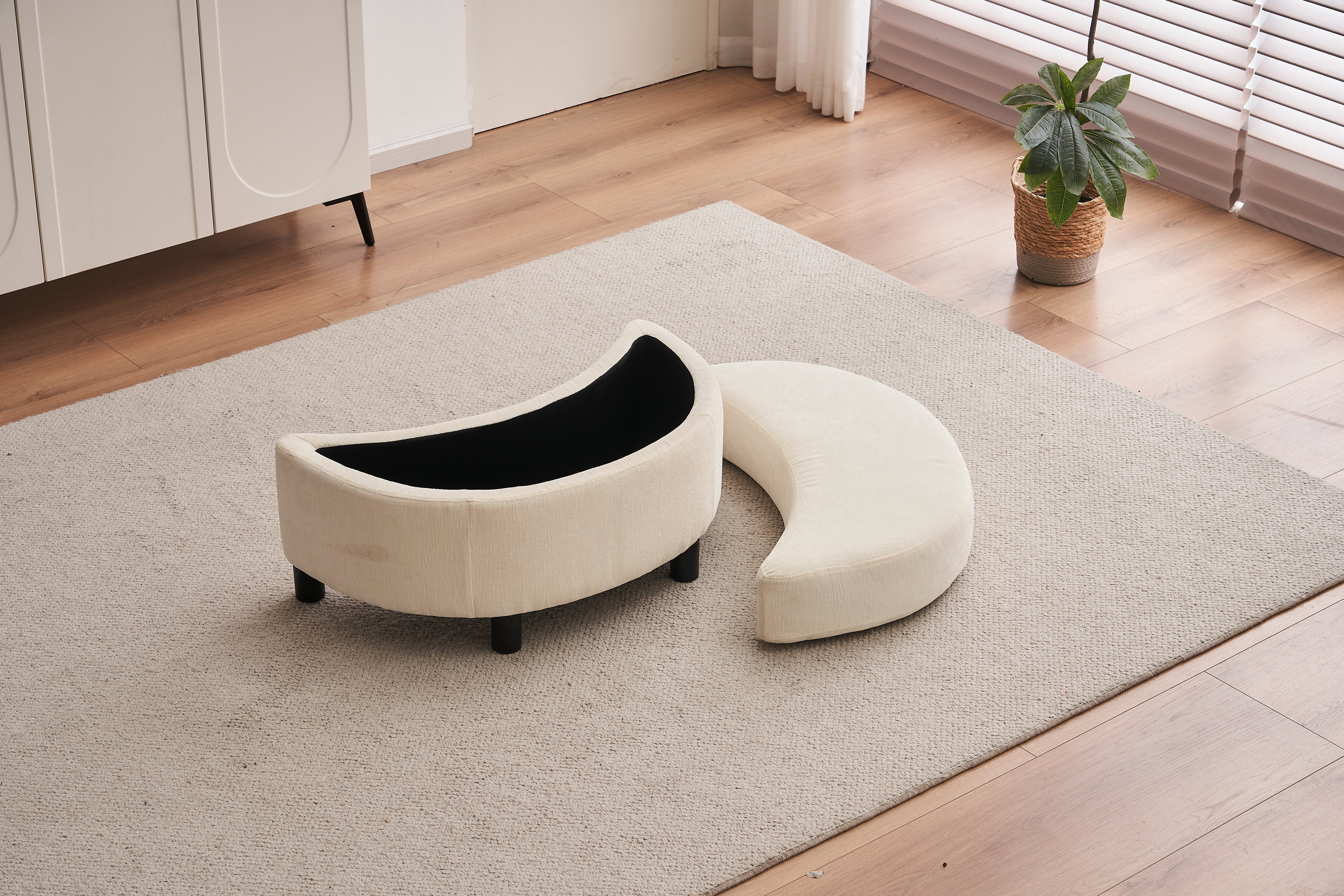 Chenille Swivel Armchair with 3 Back Cushion Pillow and Ottoman Crescent Stool, Ivory