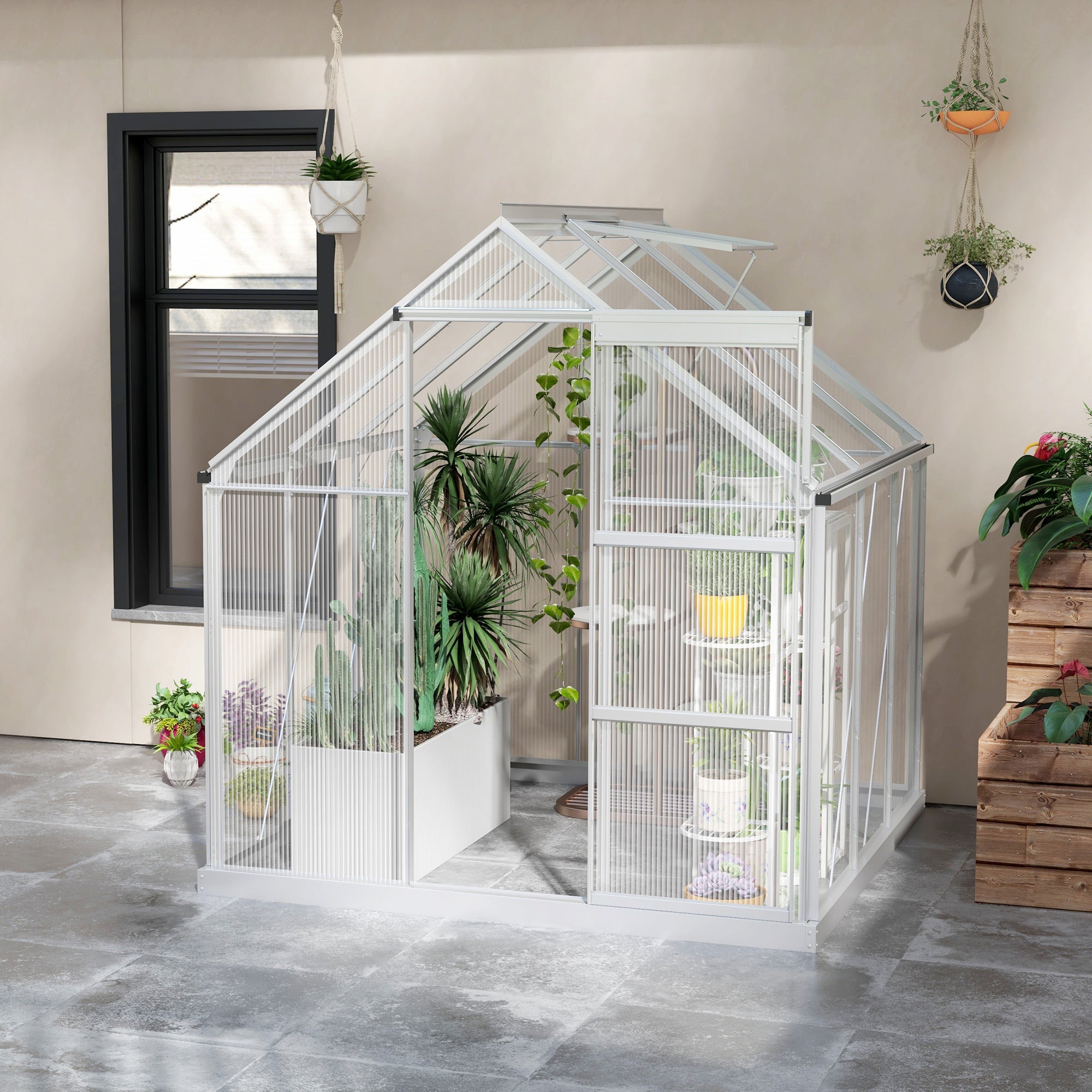 Walk-In Greenhouse 6x6ft with Sliding Door, Window, Foundation, Polycarbonate Aluminium, Silver