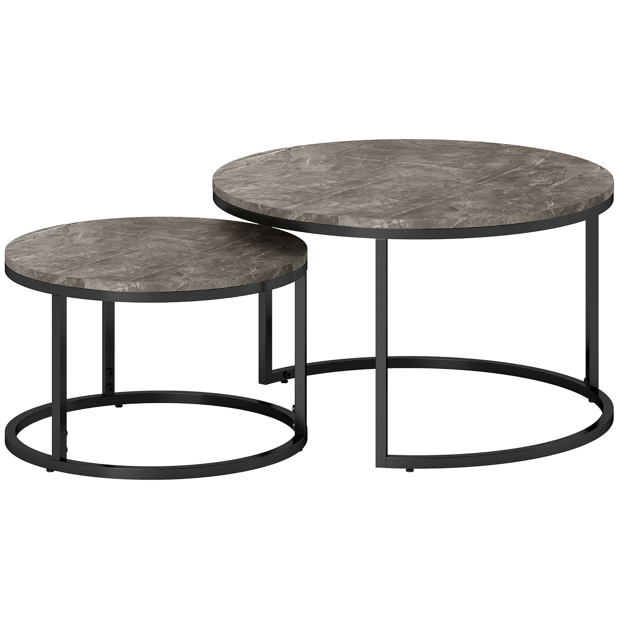Industrial Nesting Coffee Table Set of 2, Round with Faux Marbled Top and Steel Frame