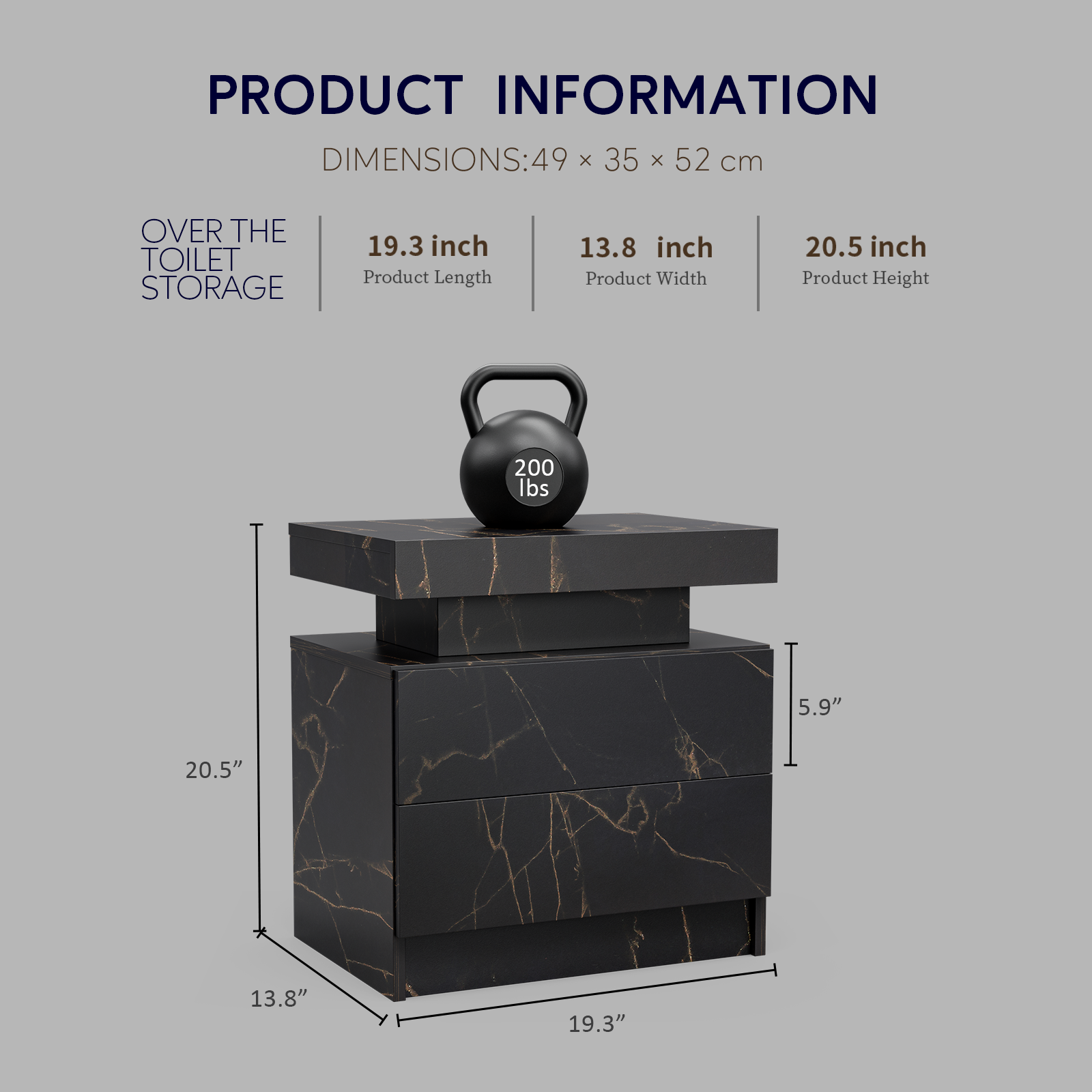 Nightstand with LED Bedside Table Cabinet Lights and 2 Drawers, Black Gold