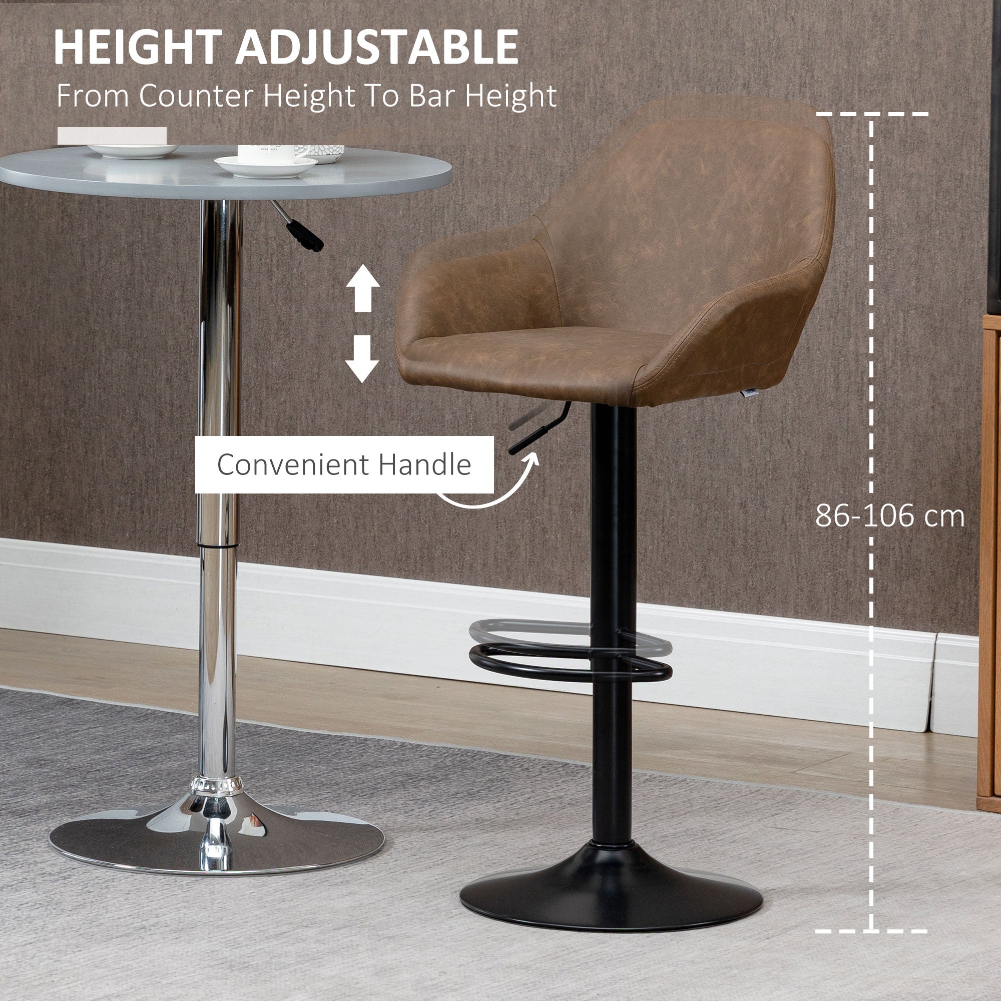 Bar Stools Set of 2, Height Adjustable Swivel with Backs and Armrests, Dark Brown PU Leather