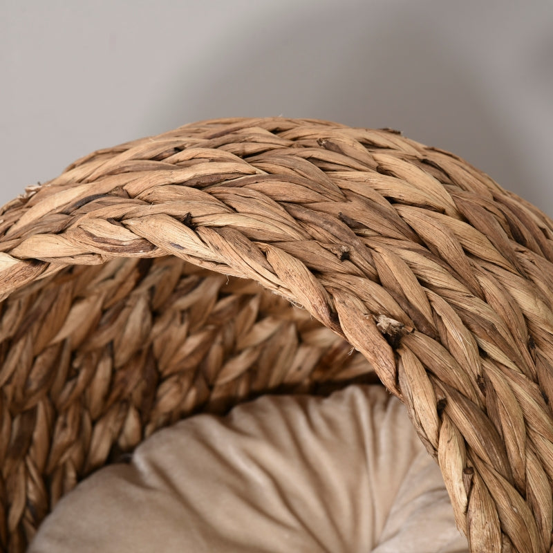 Wicker Cat Bed, Raised Rattan Basket with Washable Cushion - Brown