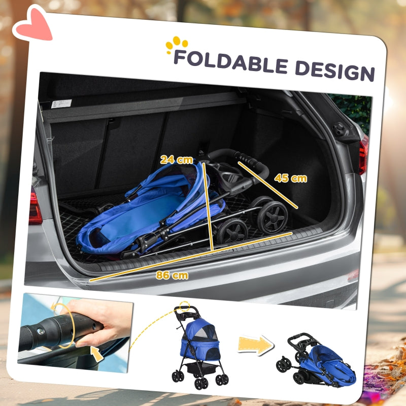 Pet Stroller Dog Cat Travel Pushchair with EVA Wheels, One-Click Fold, Blue