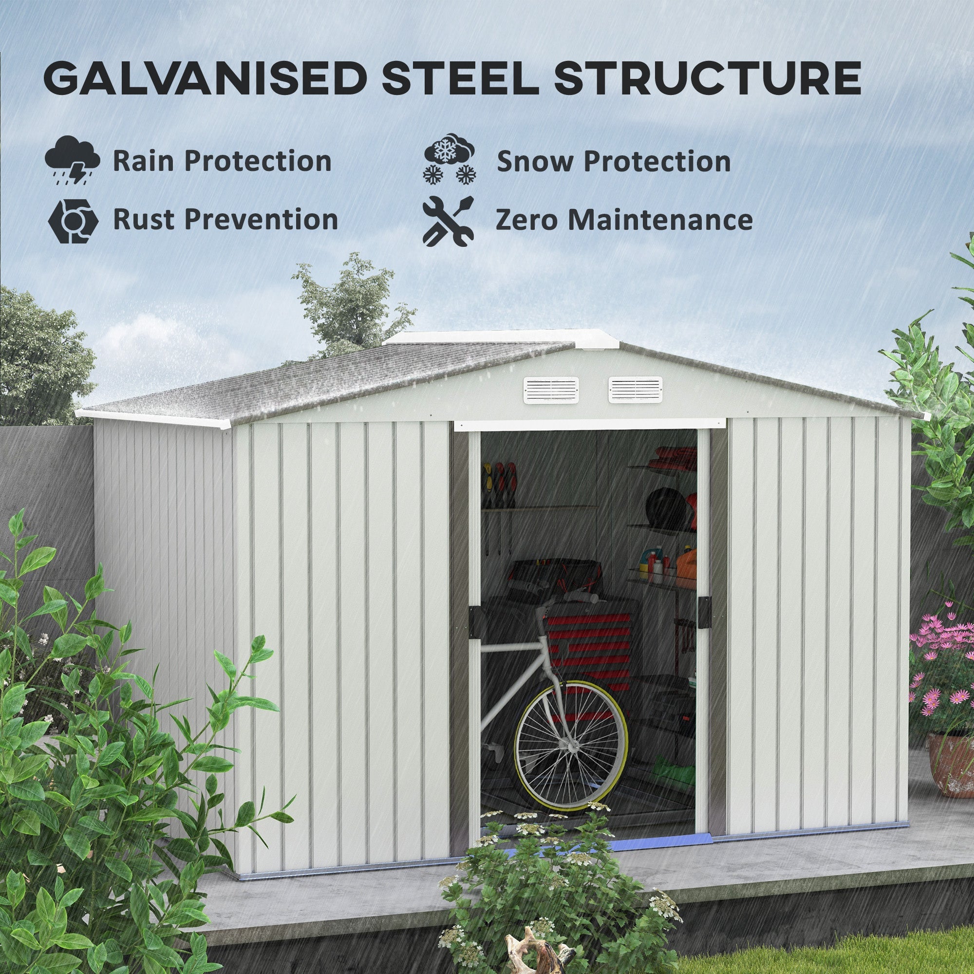 Metal Bike Shed, Mobility Scooter Shed House with Foundation Kit, Ventilation, Doors, Silver