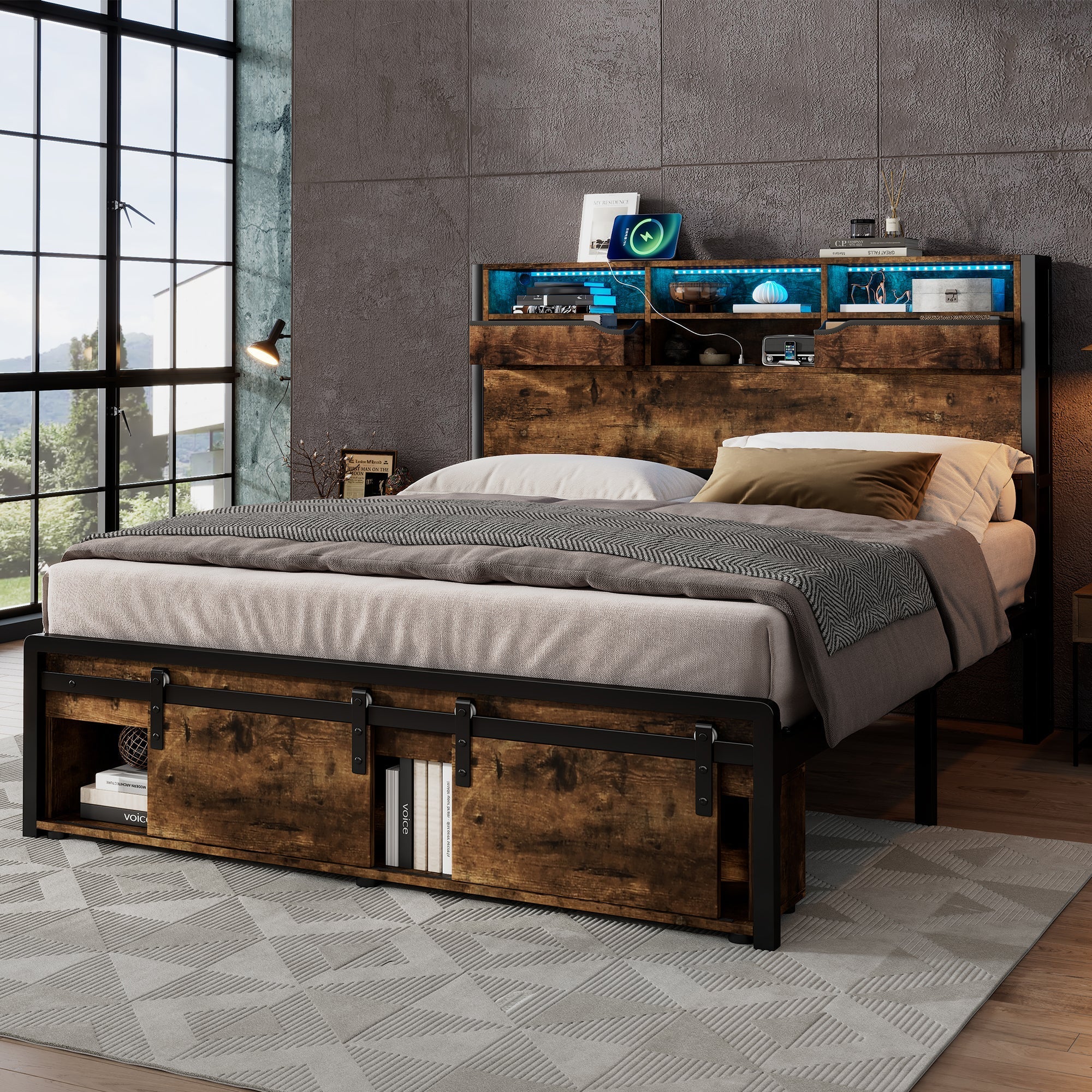 Metal Iron Bed 4ft6 Double 135x190cm with Multi-Color LED Lights, Charging Port (2A/1C), Storage, Black + Wood