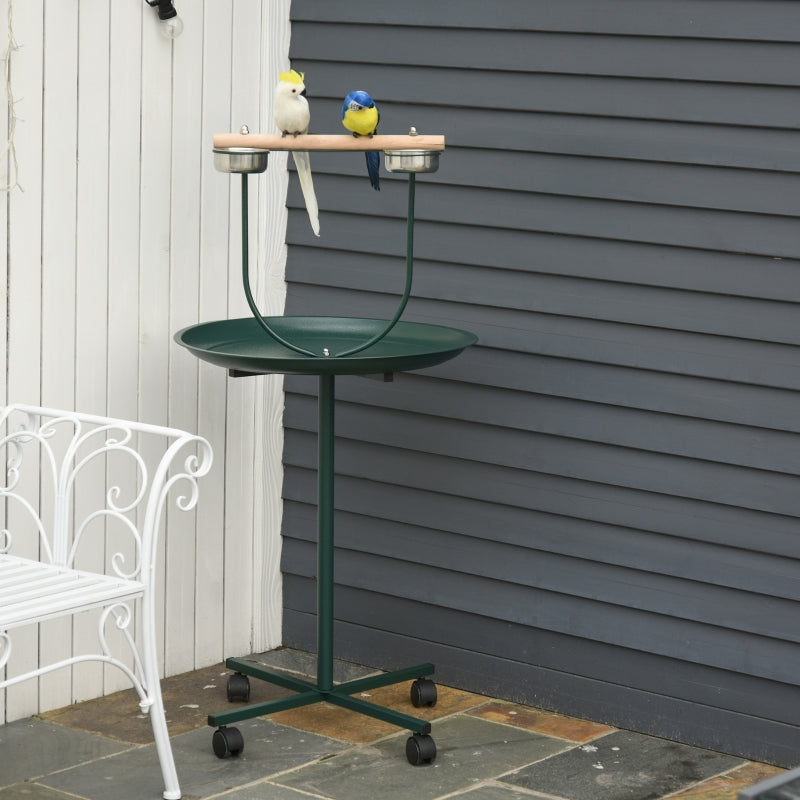 Bird Perch Stand, Four Wheels Feeding Bowls, Green