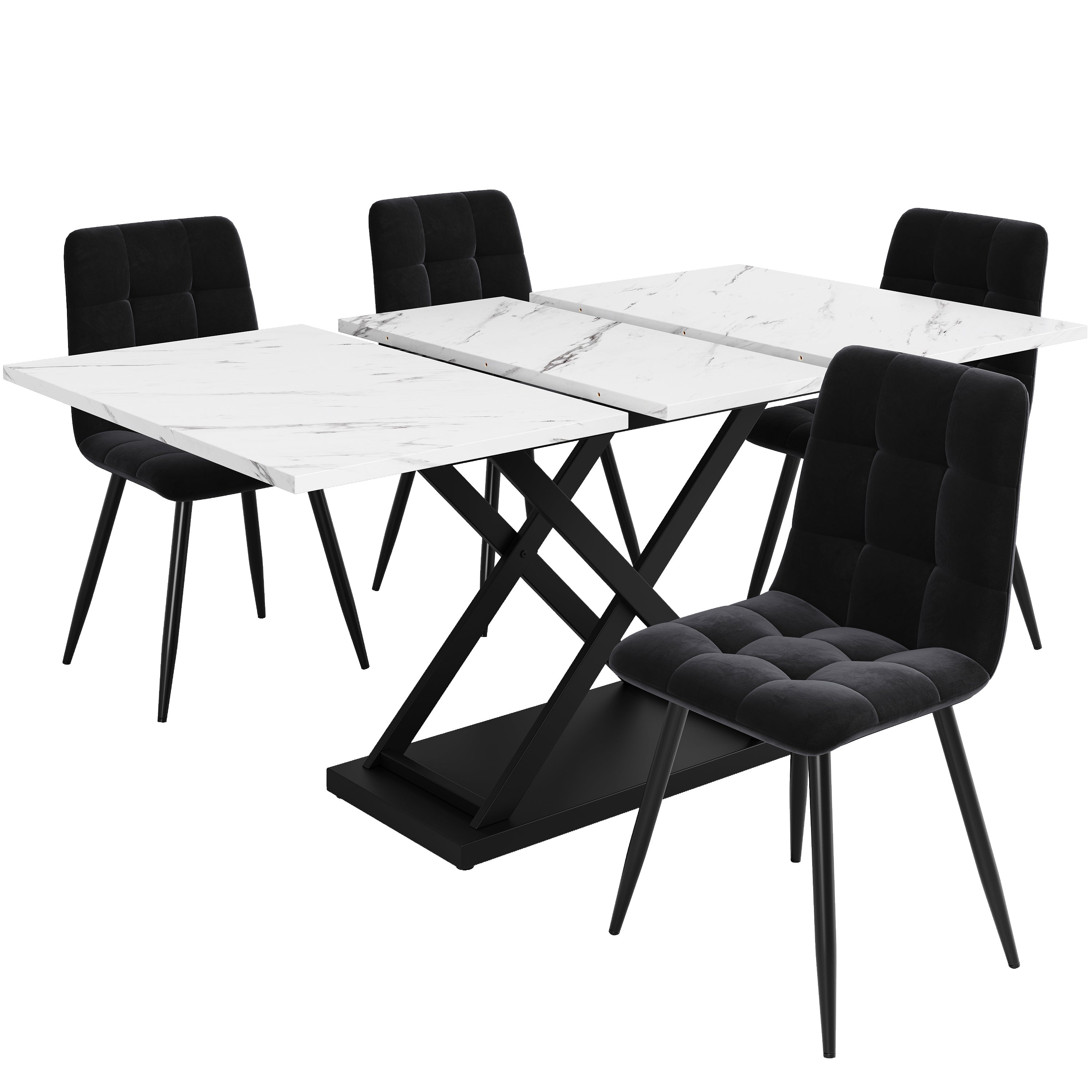 Dining Set (5-Piece) Extendable for 4 People with Black Velvet Chairs and White Marble Table