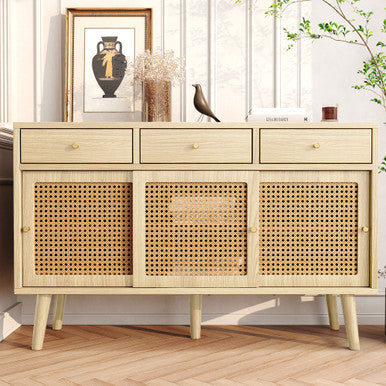 Modern Retro Rattan Sideboard with 3 Drawers and Wooden Frame
