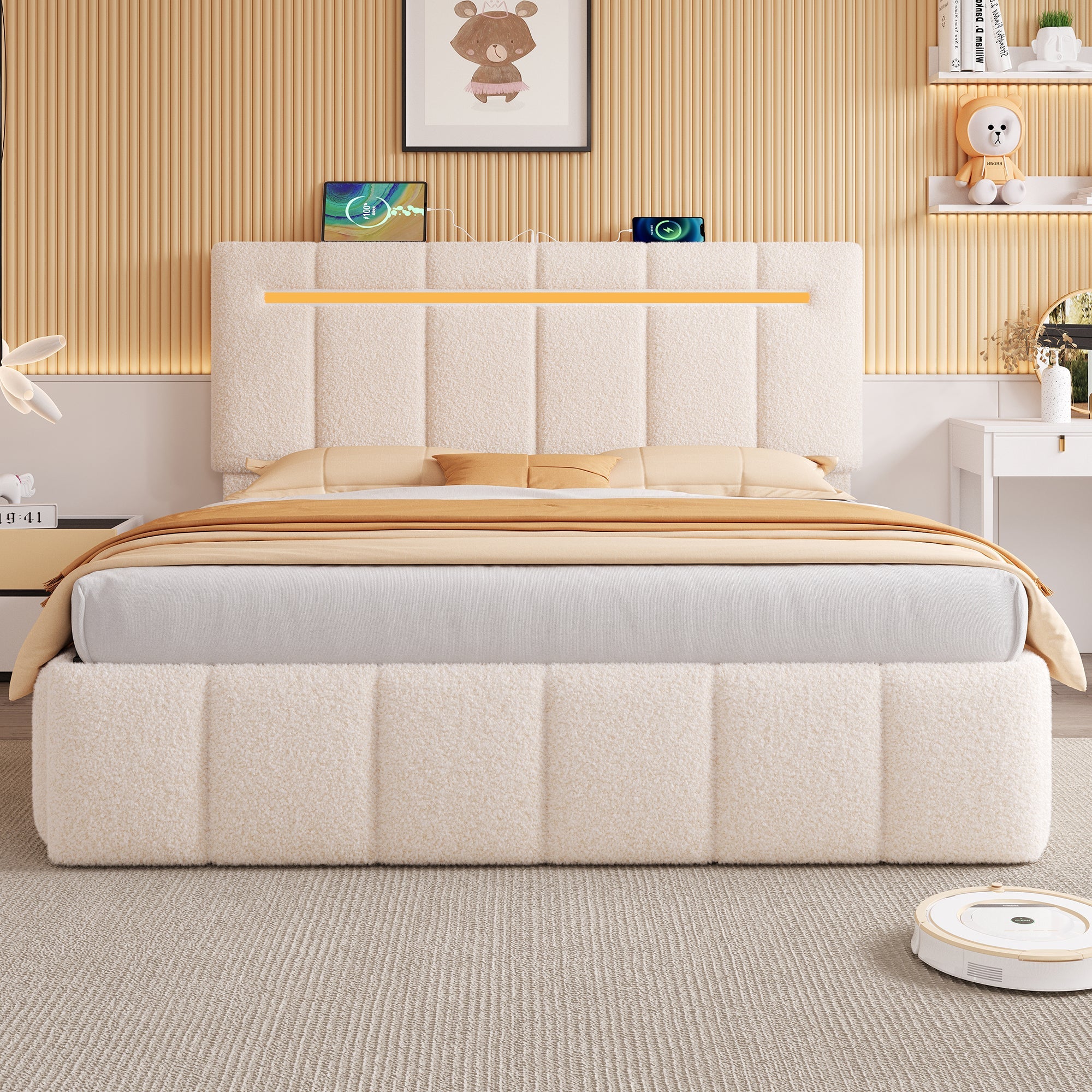 5ft King Upholstered Bed Frame with Hydraulic Storage, LED Adjustable Headboard, Boucle Fabric Beige