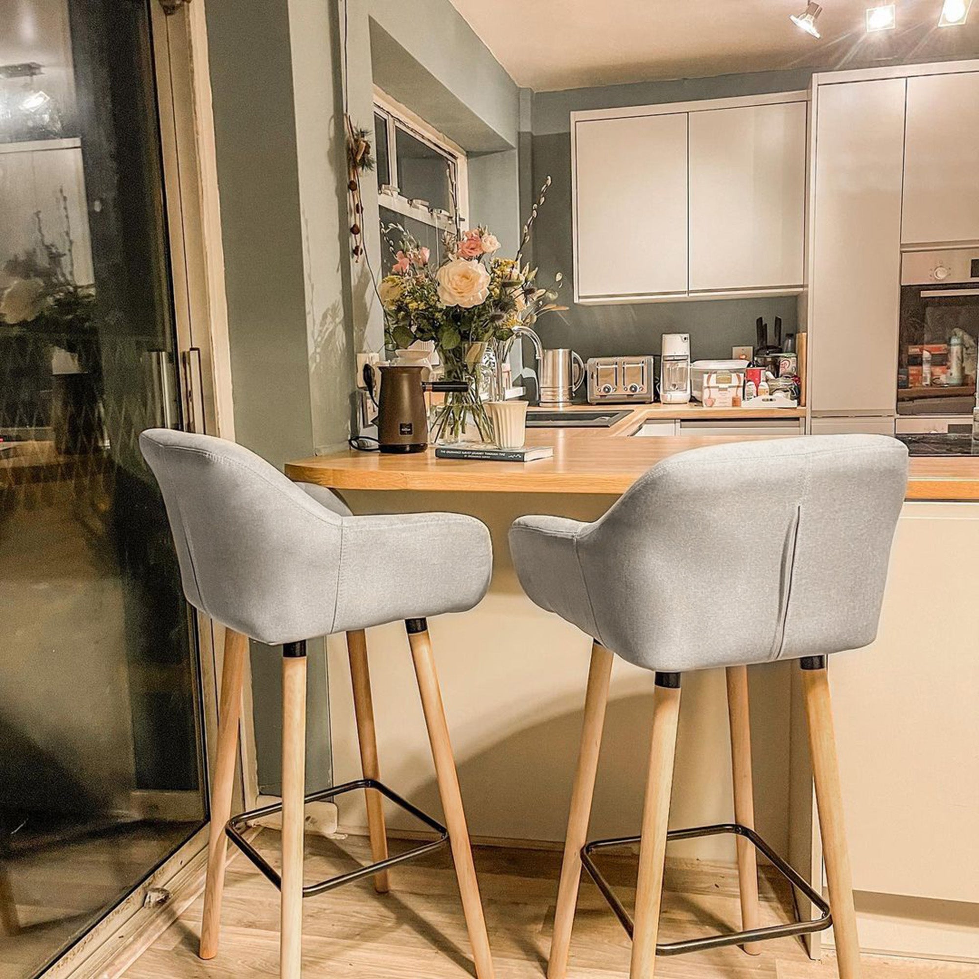 Set of 2 Bar Stools Modern Upholstered Seat Bar Chairs, Beige Fabric
