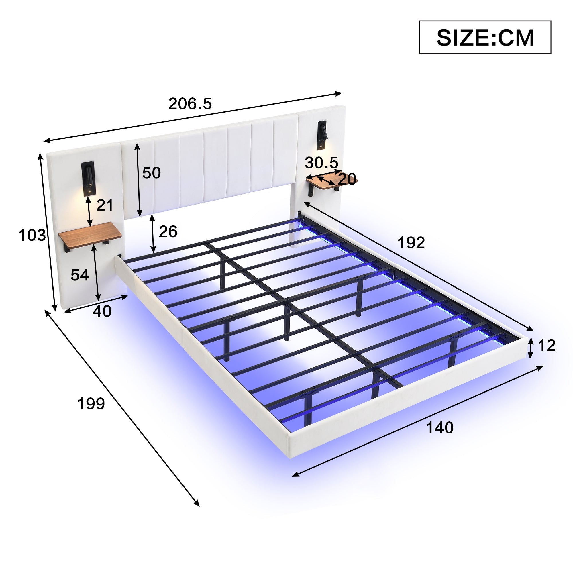 Upholstered Bed, 4ft6 Double, 2 Bedside Lamps, Headboard Storage & Charging, Velvet+Iron, White