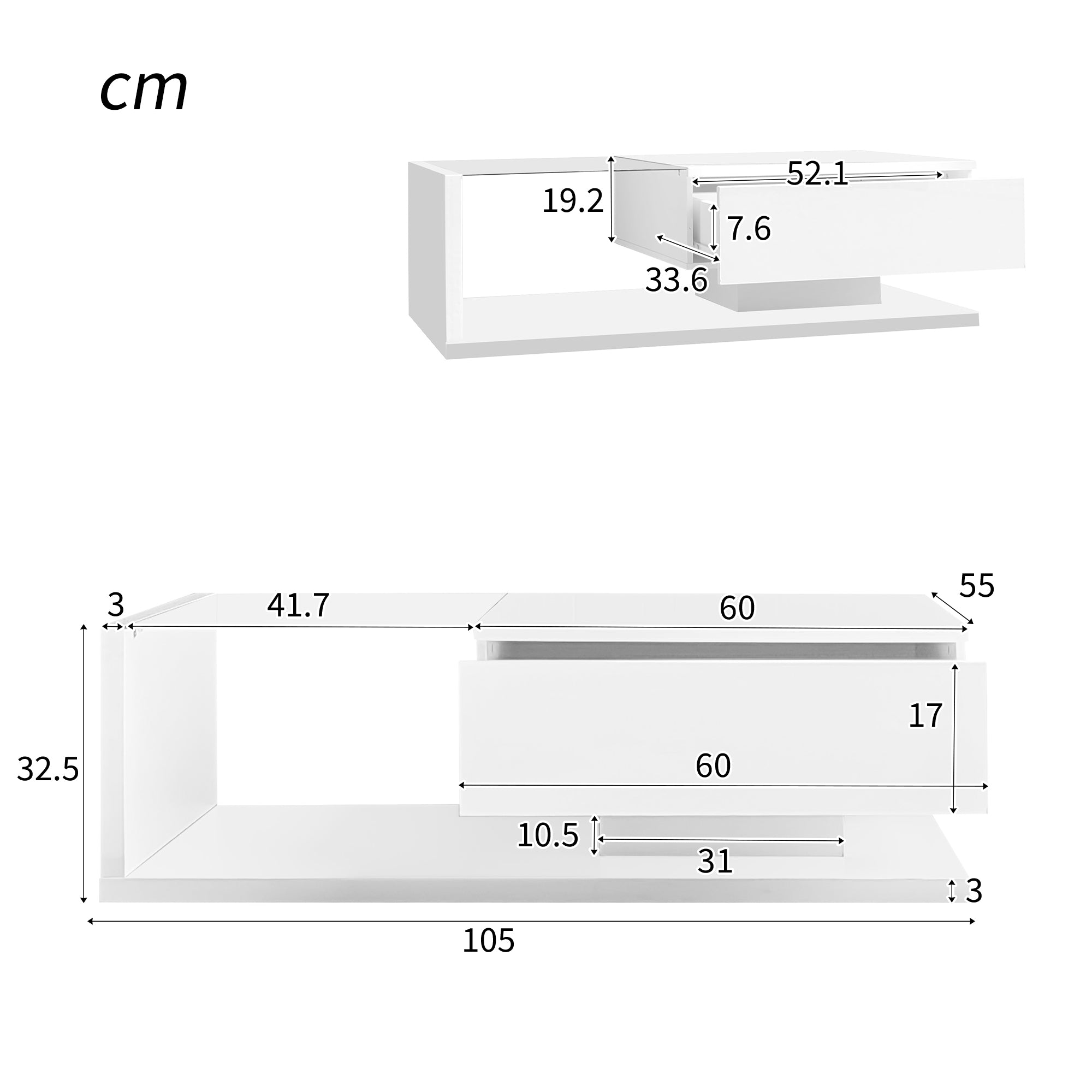 Coffee table, high-gloss white. Side tables, coffee tables with glass and LED