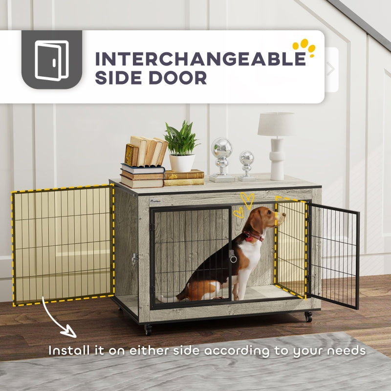 Dog Crate Furniture, Double Doors with Wheels, for Medium Dogs, Grey