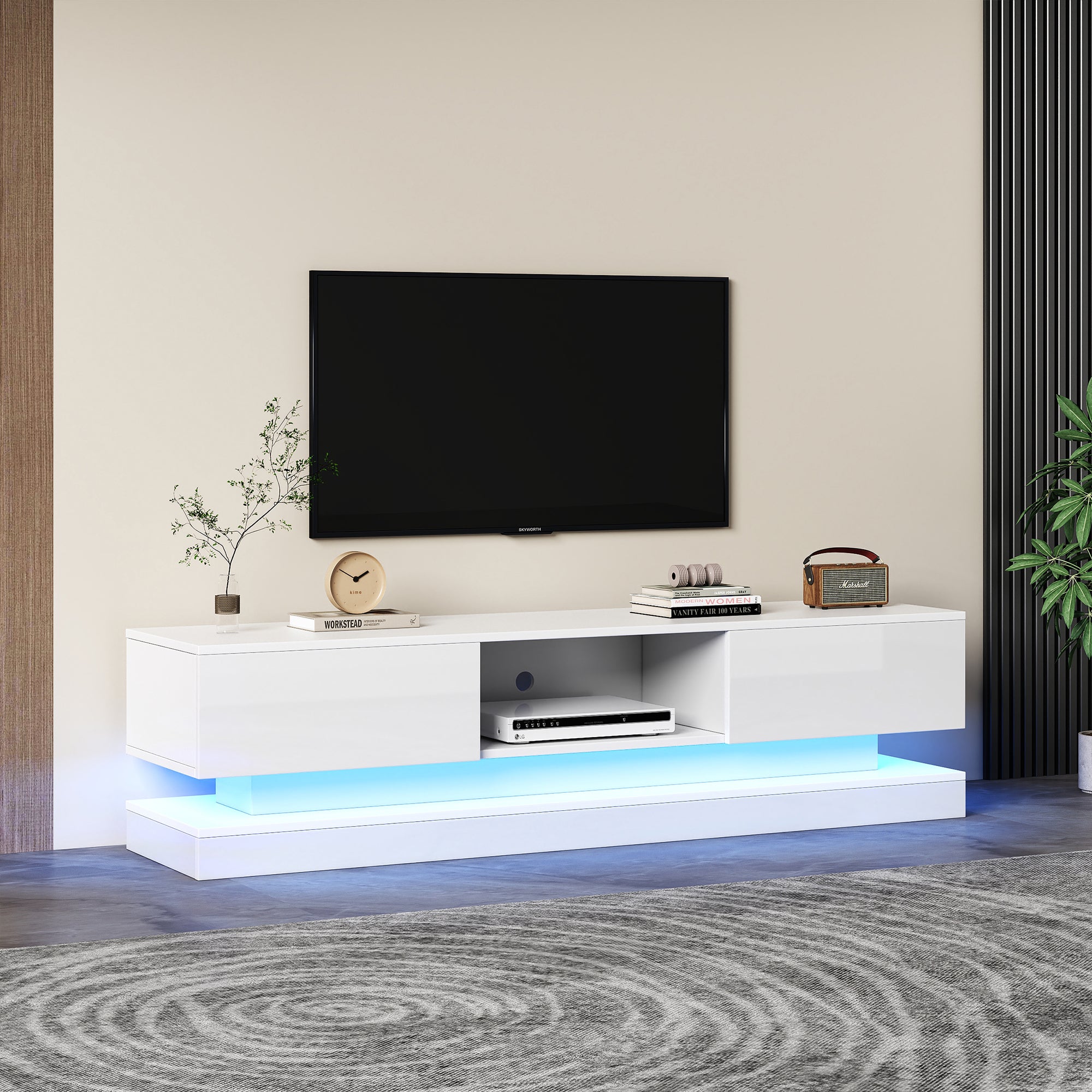 TV Stand 160 cm, with 16 Colour RGB LED Lights, High Gloss Front, 2 Drawers, 1 Open Storage Space, for 70-79 inch TVs, White