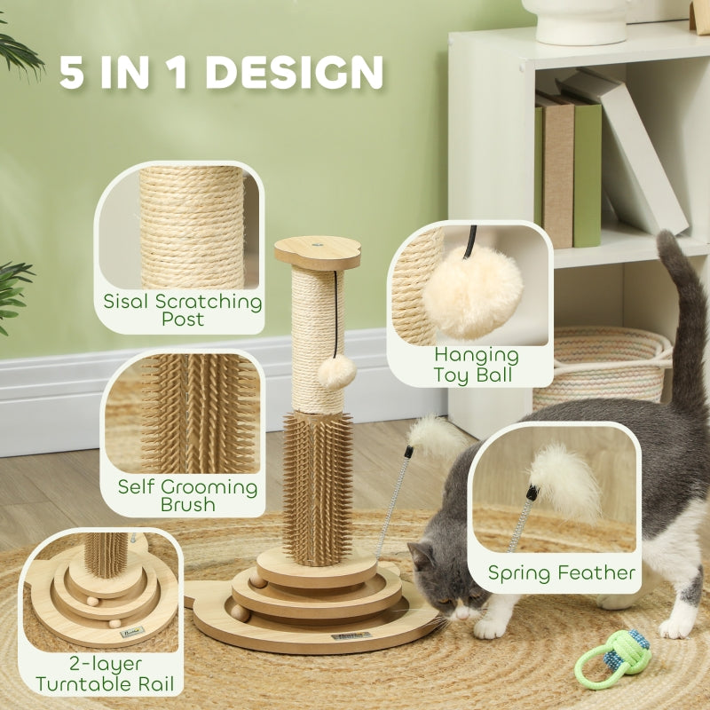 Cat Scratching Post, 49cm 5-in-1 Sisal Post, Track Ball, Self Grooming Brush, Hanging Toy Ball, Feather, Oak Tone