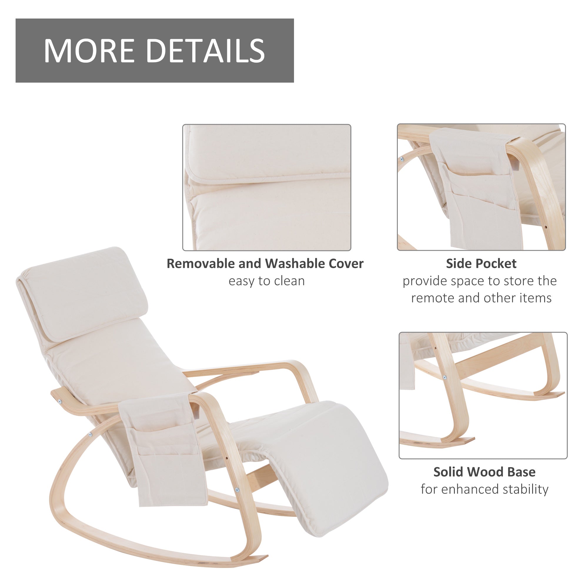 Rocking Lounge Chair Recliner with Adjustable Footrest, Side Pocket, Cream White