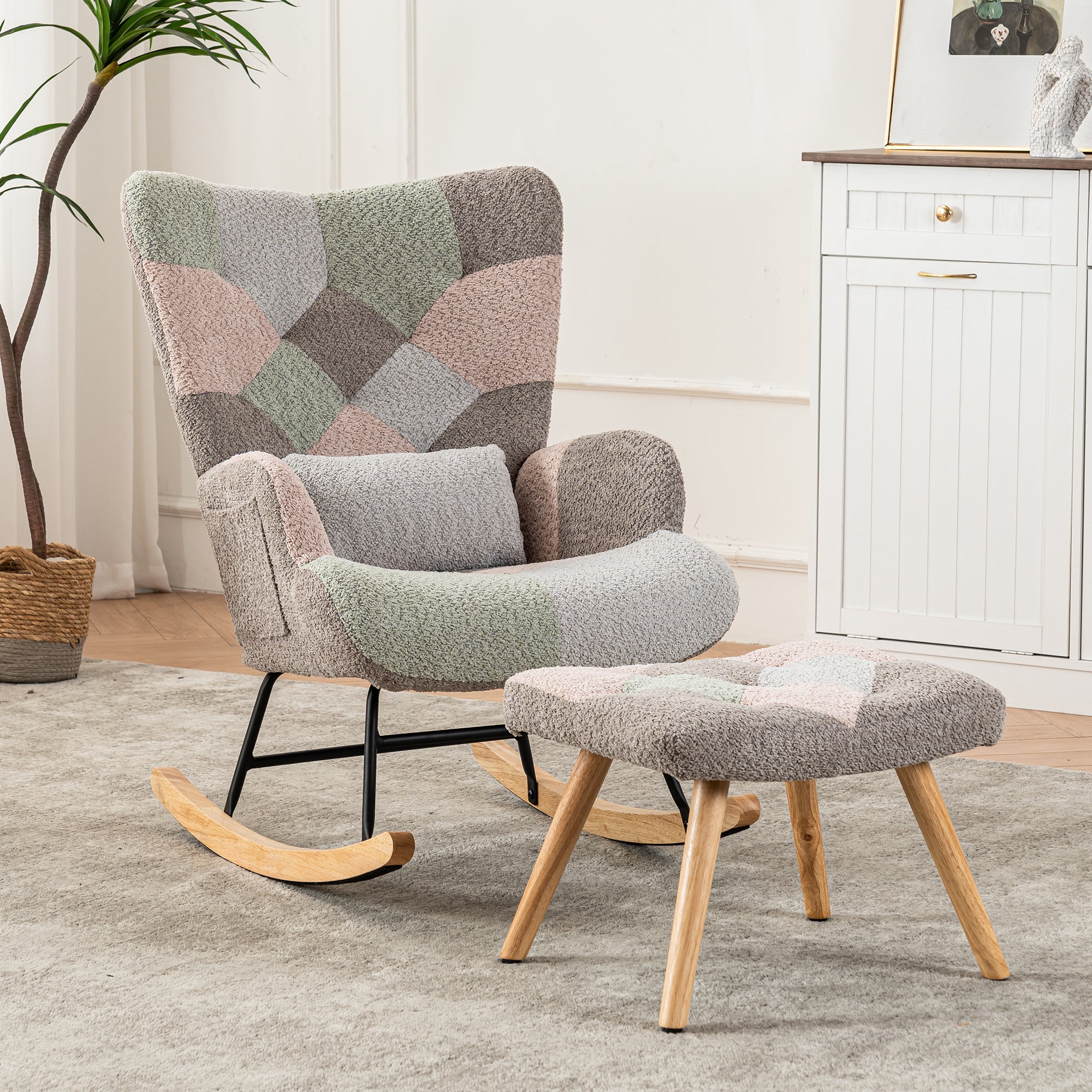 Rocking Chair, Fabric Relaxing Chair Wingback Accent Chair with Solid Wood Legs and Ottoman, Multicolour