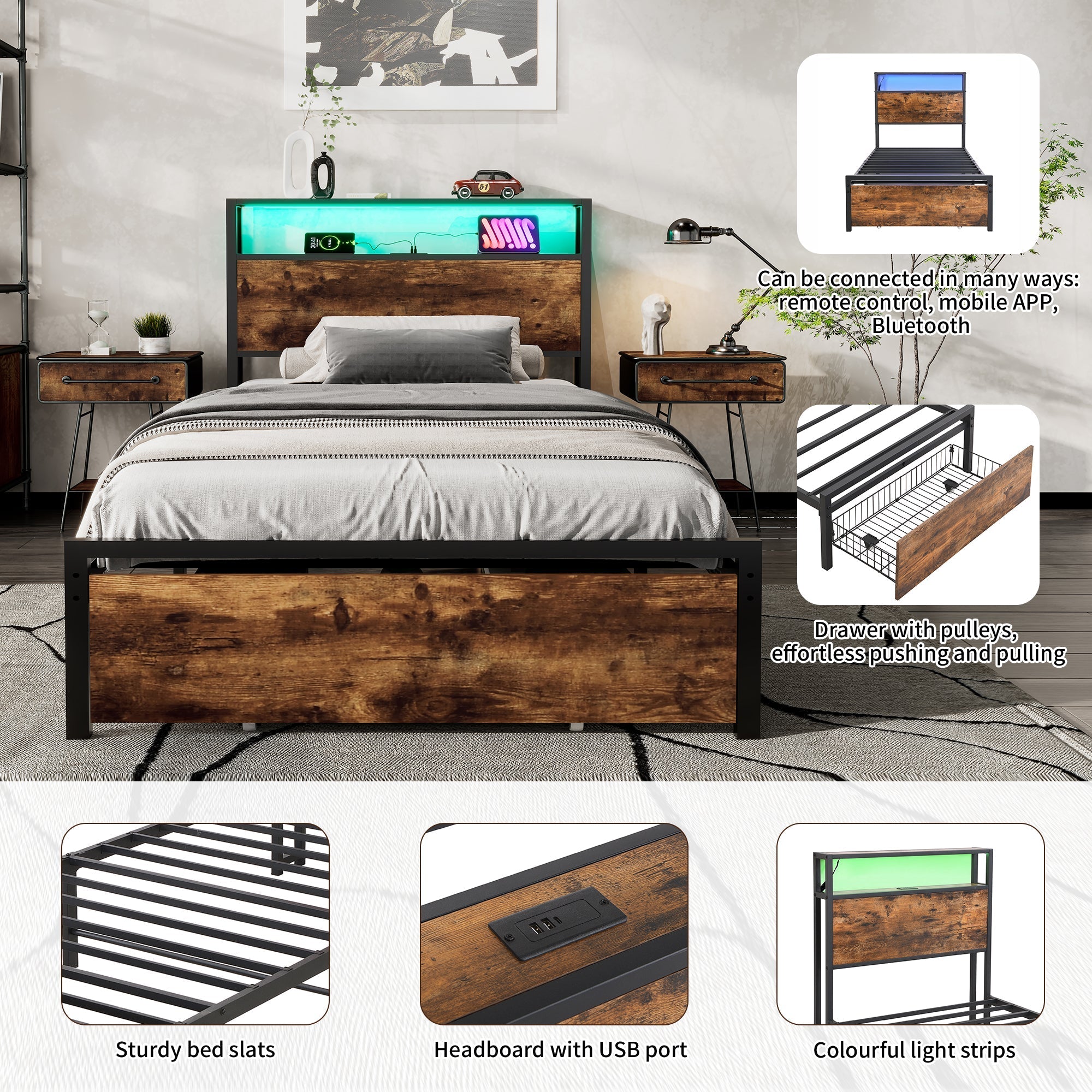 Metal Bed, 3FT Single with LED Light Strip & Drawer, Black & Walnut