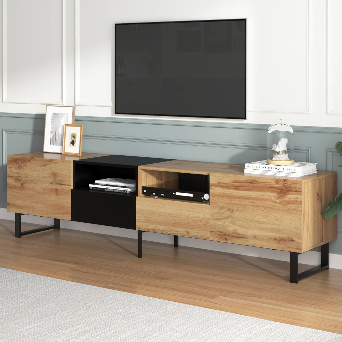 190cm Modern TV Stand – Black & Wood Media Console with Storage Cabinets and Drawers