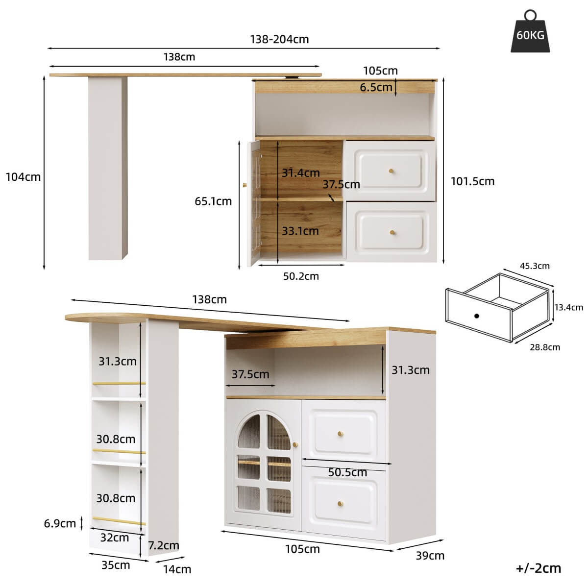 Rotating Sideboard Cabinet – 2 Drawers with Open Storage & Curved Glass Shelves
