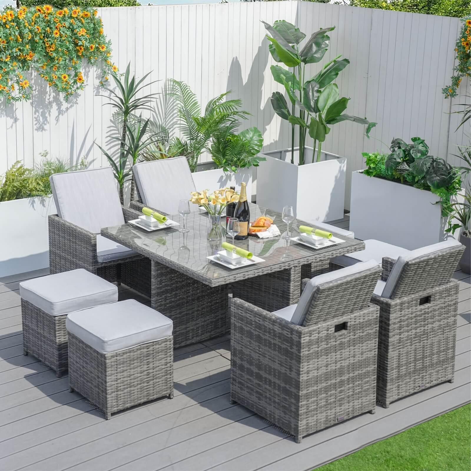 8 Seater Aluminium Rattan Dining Set – Outdoor Garden Table with 4 Chairs and 4 Footstools, Grey