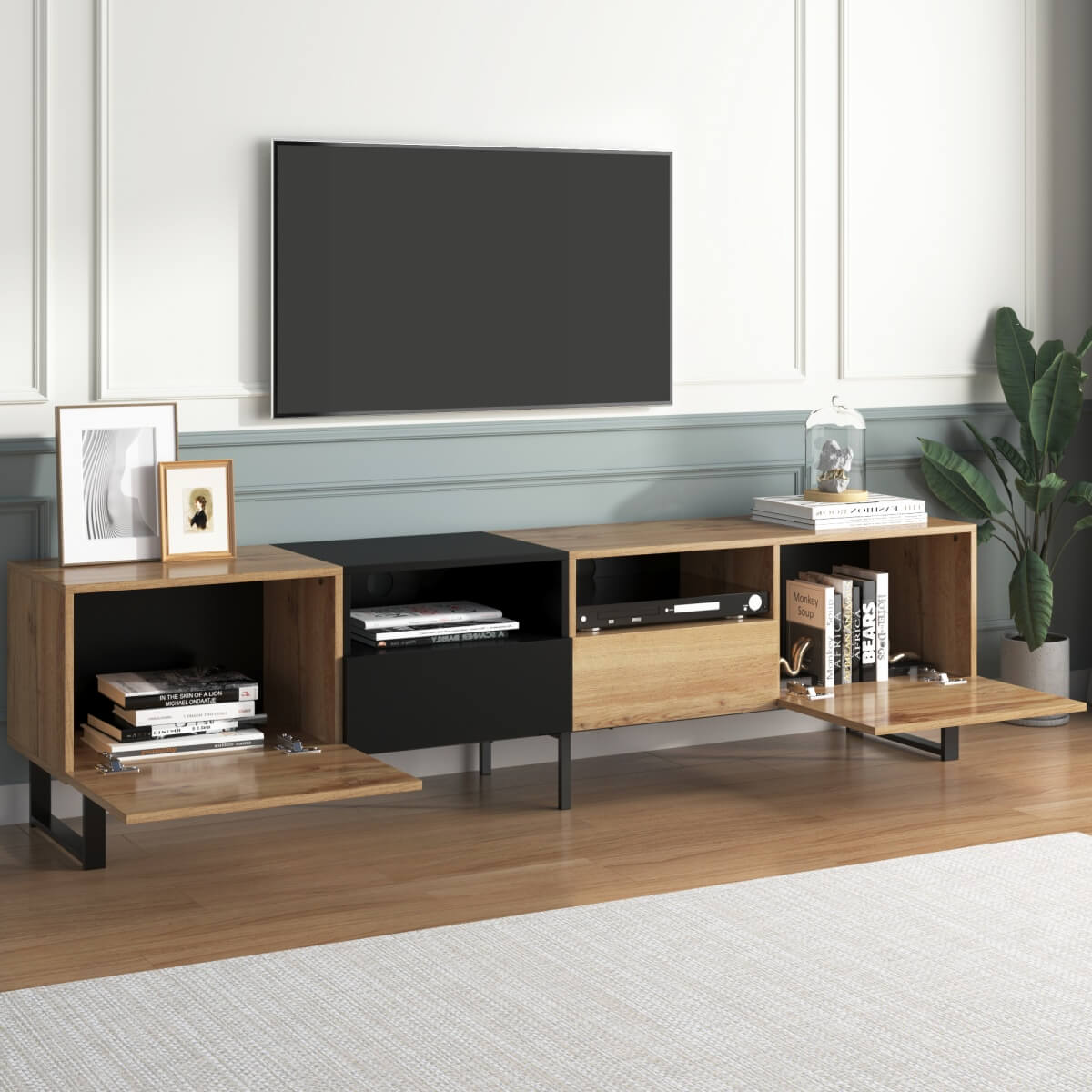 190cm Modern TV Stand – Black & Wood Media Console with Storage Cabinets and Drawers