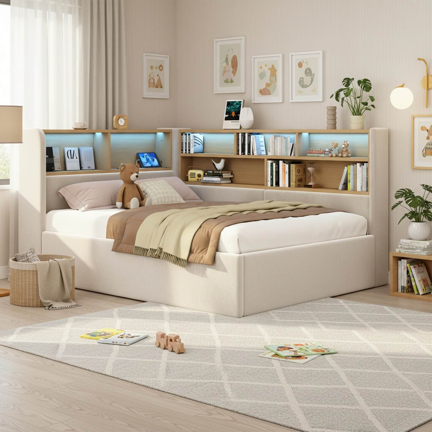 3FT Single L-Shaped Upholstered Daybed  - Velvet Sofa Bed with Hydraulic Storage & USB