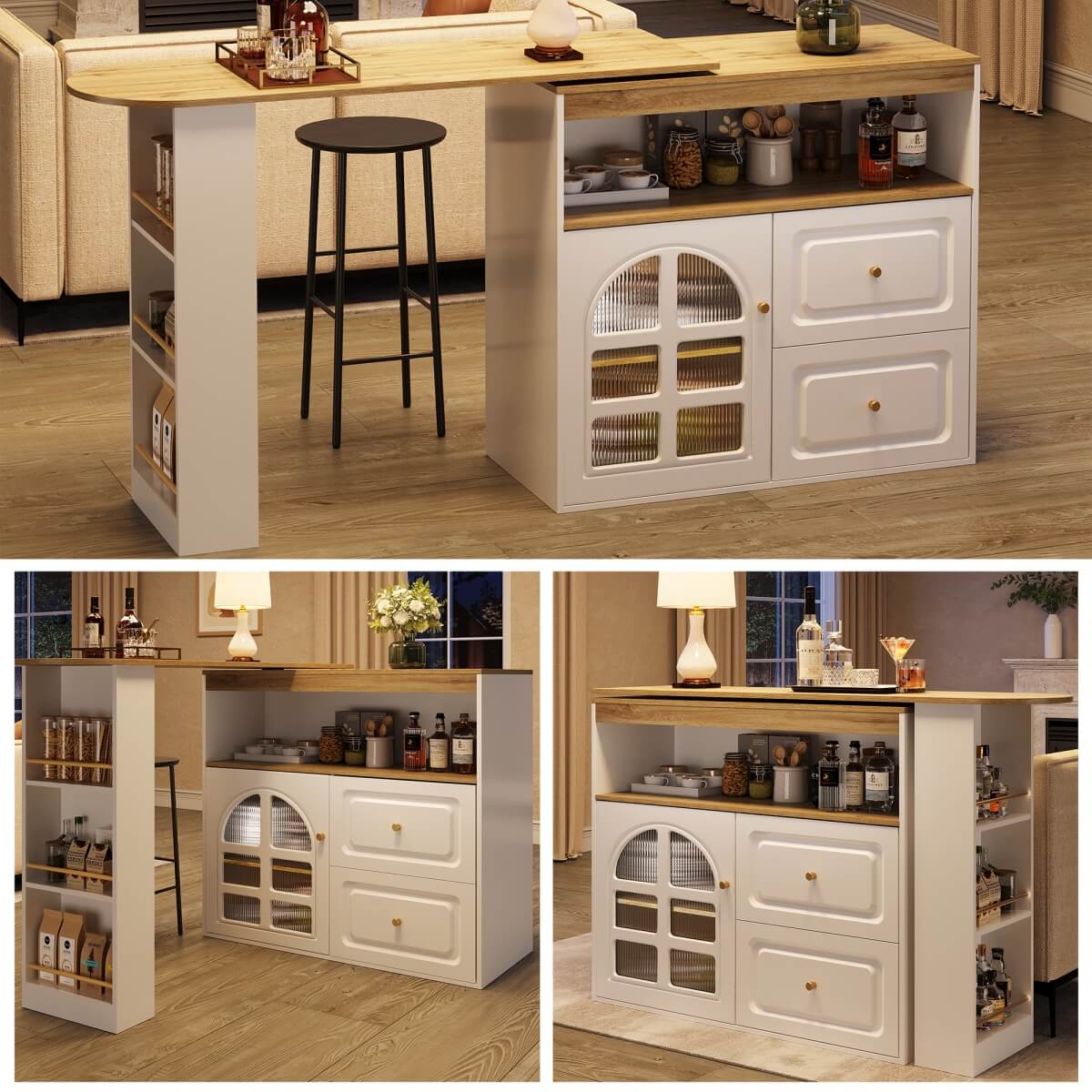 Rotating Sideboard Cabinet – 2 Drawers with Open Storage & Curved Glass Shelves
