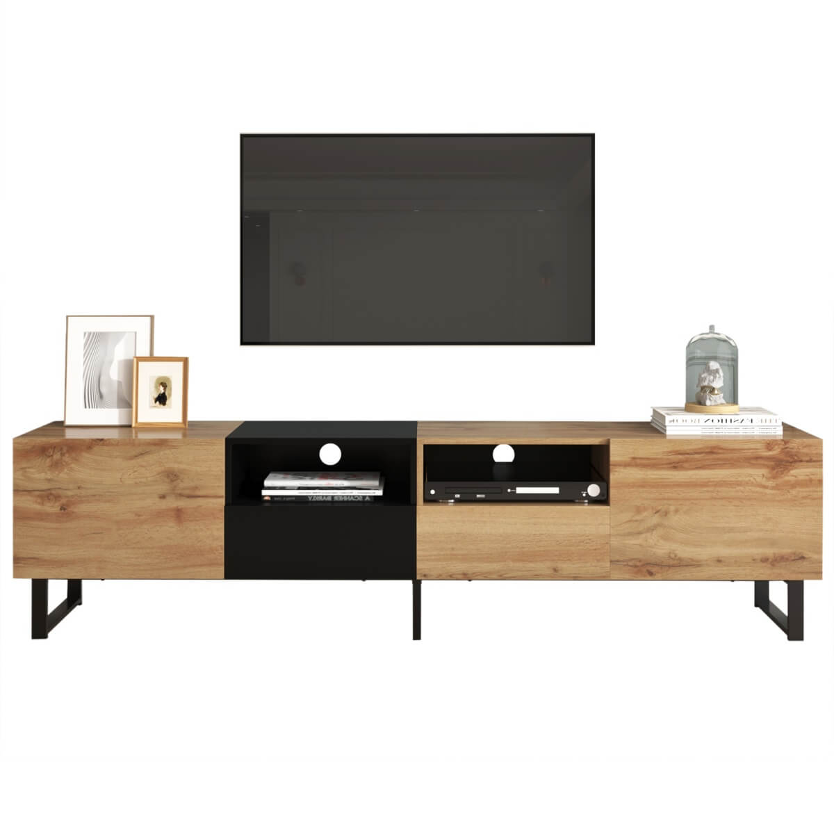 190cm Modern TV Stand – Black & Wood Media Console with Storage Cabinets and Drawers