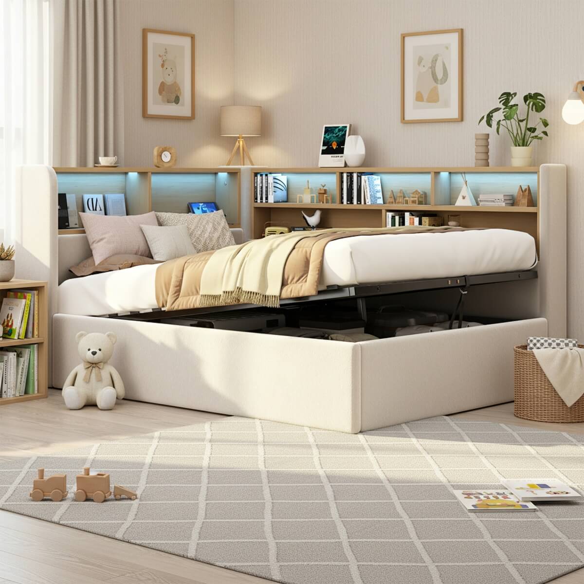 3FT Single L-Shaped Upholstered Daybed  - Velvet Sofa Bed with Hydraulic Storage & USB