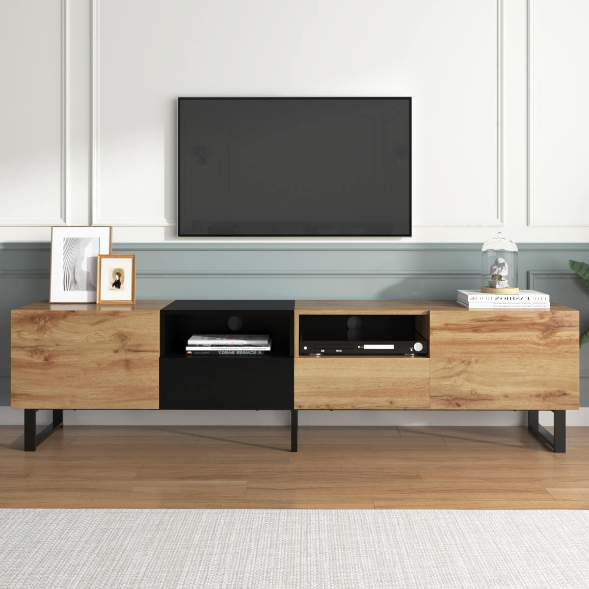 190cm Modern TV Stand – Black & Wood Media Console with Storage Cabinets and Drawers