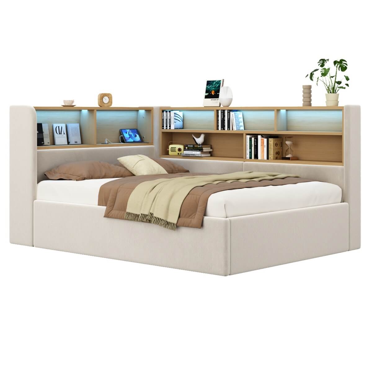 3FT Single L-Shaped Upholstered Daybed  - Velvet Sofa Bed with Hydraulic Storage & USB